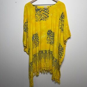 Bella We Be Bop Women Poncho Top Yellow Batik Fringe Trim Boho Lagenlook Artsy